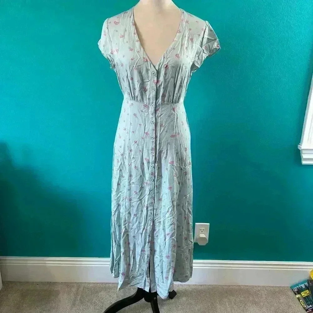 Reformation Denise Midi Dress Floral Light Blue V-Neck Tencel Lyocell Size S